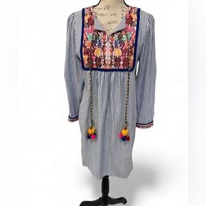 Chelsea & Theodore Petite Embroidered Boho Tassel Tunic Dress PM NWOT